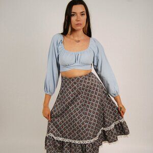 70s Prairie Skirt (S) small blue vintage midi cottage retro rockabilly floral